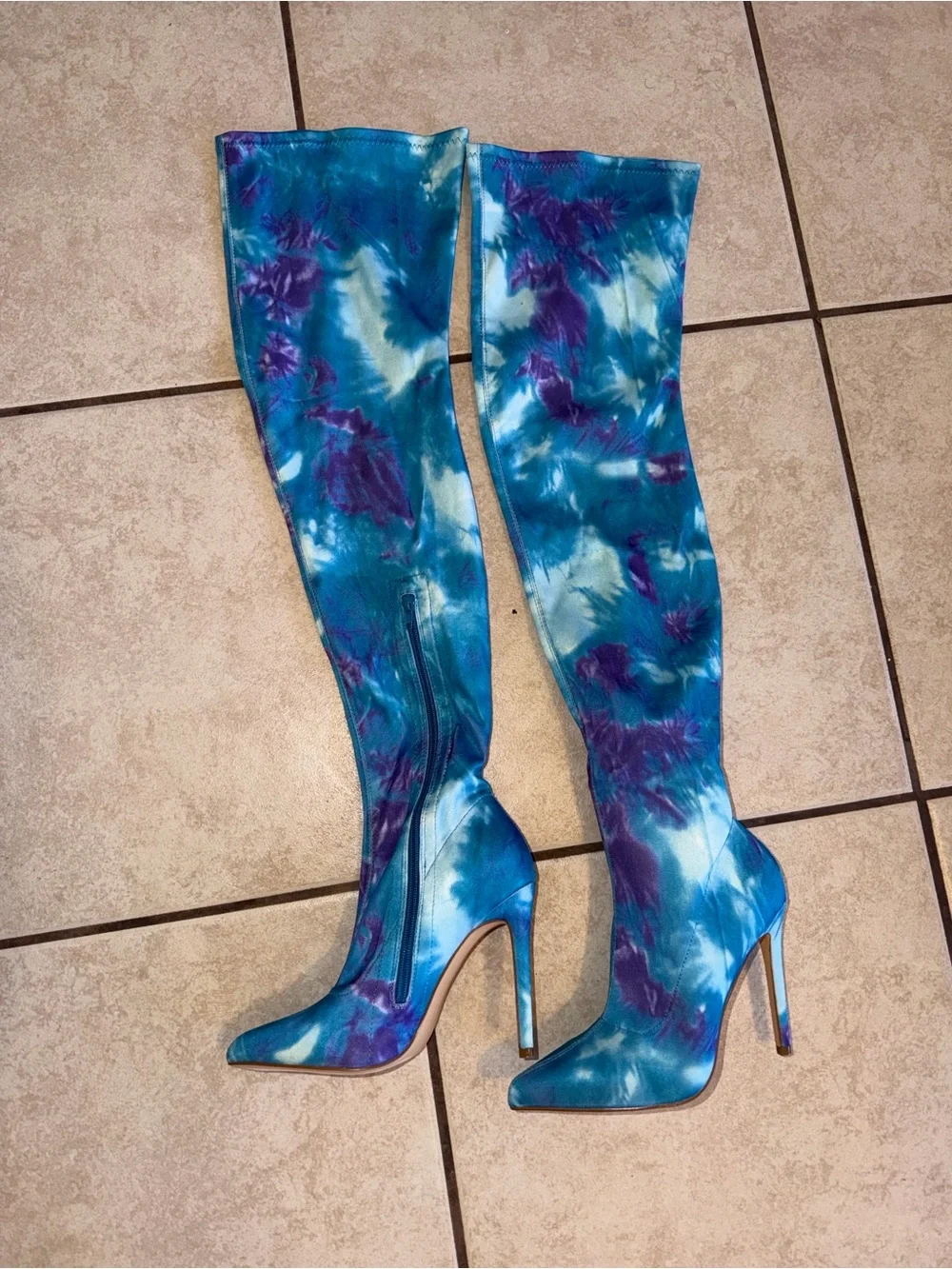 Liliana Blue and Purple Tie-Dye Over-the-Knee Stiletto Boots